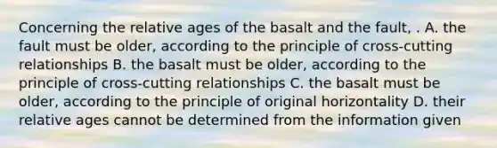 Concerning the relative ages of the basalt and the fault, . A. the fault must be older, according to the principle of cross-cutting relationships B. the basalt must be older, according to the principle of cross-cutting relationships C. the basalt must be older, according to the principle of original horizontality D. their relative ages cannot be determined from the information given