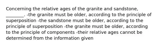 Concerning the relative ages of the granite and sandstone, ________. -the granite must be older, according to the principle of superposition -the sandstone must be older, according to the principle of superposition -the granite must be older, according to the principle of components -their relative ages cannot be determined from the information given