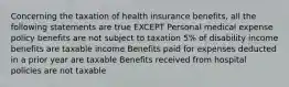 Concerning the taxation of health insurance benefits, all the following statements are true EXCEPT Personal medical expense policy benefits are not subject to taxation 5% of disability income benefits are taxable income Benefits paid for expenses deducted in a prior year are taxable Benefits received from hospital policies are not taxable