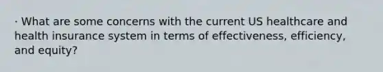 · What are some concerns with the current US healthcare and health insurance system in terms of effectiveness, efficiency, and equity?