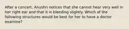 After a concert, Anushri notices that she cannot hear very well in her right ear and that it is bleeding slightly. Which of the following structures would be best for her to have a doctor examine?