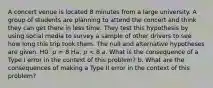 A concert venue is located 8 minutes from a large university. A group of students are planning to attend the concert and think they can get there in less time. They test this hypothesis by using social media to survey a sample of other drivers to see how long this trip took them. The null and alternative hypotheses are given. H0: 𝜇 = 8 Ha: 𝜇 < 8 a. What is the consequence of a Type I error in the context of this problem? b. What are the consequences of making a Type II error in the context of this problem?