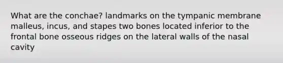 What are the conchae? landmarks on the tympanic membrane malleus, incus, and stapes two bones located inferior to the frontal bone osseous ridges on the lateral walls of the nasal cavity