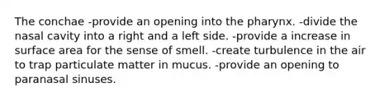 The conchae -provide an opening into the pharynx. -divide the nasal cavity into a right and a left side. -provide a increase in surface area for the sense of smell. -create turbulence in the air to trap particulate matter in mucus. -provide an opening to paranasal sinuses.