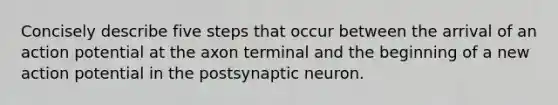 Concisely describe five steps that occur between the arrival of an action potential at the axon terminal and the beginning of a new action potential in the postsynaptic neuron.