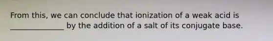 From this, we can conclude that ionization of a weak acid is ______________ by the addition of a salt of its conjugate base.