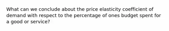 What can we conclude about the price elasticity coefficient of demand with respect to the percentage of ones budget spent for a good or service?