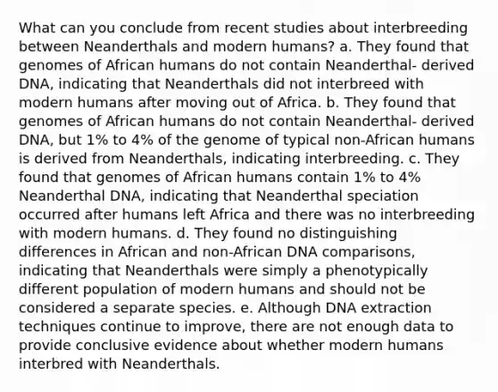 What can you conclude from recent studies about interbreeding between Neanderthals and modern humans? a. They found that genomes of African humans do not contain Neanderthal- derived DNA, indicating that Neanderthals did not interbreed with modern humans after moving out of Africa. b. They found that genomes of African humans do not contain Neanderthal- derived DNA, but 1% to 4% of the genome of typical non-African humans is derived from Neanderthals, indicating interbreeding. c. They found that genomes of African humans contain 1% to 4% Neanderthal DNA, indicating that Neanderthal speciation occurred after humans left Africa and there was no interbreeding with modern humans. d. They found no distinguishing differences in African and non-African DNA comparisons, indicating that Neanderthals were simply a phenotypically different population of modern humans and should not be considered a separate species. e. Although DNA extraction techniques continue to improve, there are not enough data to provide conclusive evidence about whether modern humans interbred with Neanderthals.