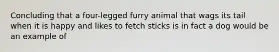 Concluding that a four-legged furry animal that wags its tail when it is happy and likes to fetch sticks is in fact a dog would be an example of