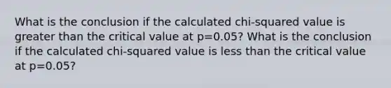 What is the conclusion if the calculated chi-squared value is greater than the critical value at p=0.05? What is the conclusion if the calculated chi-squared value is less than the critical value at p=0.05?