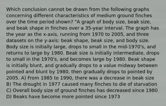 Which conclusion cannot be drawn from the following graphs concerning different characteristics of medium ground finches over the time period shown? "A graph of body size, beak size, and beak shape in finches over a 35-year interval. The graph has the year as the x-axis, running from 1970 to 2005, and three datasets on the y-axis: beak shape, beak size, and body size. Body size is initially large, drops to small in the mid-1970's, and returns to large by 1980. Beak size is initially intermediate, drops to small in the 1970's, and becomes large by 1980. Beak shape is initially blunt, and gradually drops to a value midway between pointed and blunt by 1980, then gradually drops to pointed by 2005. A) From 1985 to 1990, there was a decrease in beak size B) The drought in 1977 caused many finches to die of starvation C) Overall body size of ground finches has decreased since 1980 D) Beaks have become more pointed since 1973