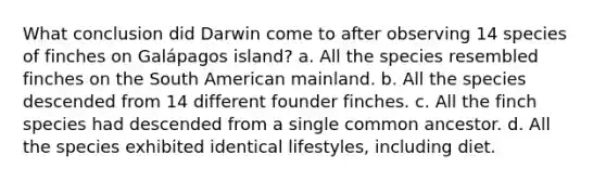 What conclusion did Darwin come to after observing 14 species of finches on Galápagos island? a. All the species resembled finches on the South American mainland. b. All the species descended from 14 different founder finches. c. All the finch species had descended from a single common ancestor. d. All the species exhibited identical lifestyles, including diet.