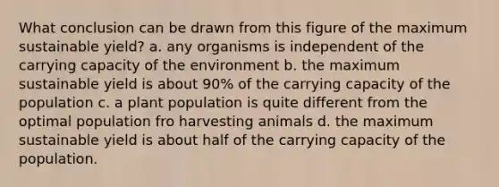 What conclusion can be drawn from this figure of the maximum sustainable yield? a. any organisms is independent of the carrying capacity of the environment b. the maximum sustainable yield is about 90% of the carrying capacity of the population c. a plant population is quite different from the optimal population fro harvesting animals d. the maximum sustainable yield is about half of the carrying capacity of the population.