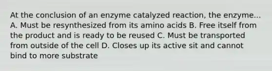 At the conclusion of an enzyme catalyzed reaction, the enzyme... A. Must be resynthesized from its amino acids B. Free itself from the product and is ready to be reused C. Must be transported from outside of the cell D. Closes up its active sit and cannot bind to more substrate