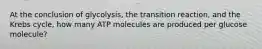 At the conclusion of glycolysis, the transition reaction, and the Krebs cycle, how many ATP molecules are produced per glucose molecule?