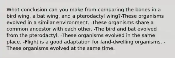 What conclusion can you make from comparing the bones in a bird wing, a bat wing, and a pterodactyl wing?-These organisms evolved in a similar environment. -These organisms share a common ancestor with each other. -The bird and bat evolved from the pterodactyl. -These organisms evolved in the same place. -Flight is a good adaptation for land-dwelling organisms. -These organisms evolved at the same time.