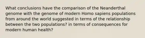 What conclusions have the comparison of the Neanderthal genome with the genome of modern Homo sapiens populations from around the world suggested in terms of the relationship between the two populations? in terms of consequences for modern human health?