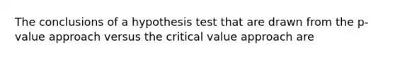 The conclusions of a hypothesis test that are drawn from the p-value approach versus the critical value approach are