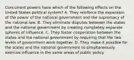 Concurrent powers have which of the following effects on the United States political system? A. They reinforce the expansion of the power of the national government and the supremacy of the national law. B. They eliminate disputes between the states and the national government by creating completely separate spheres of influence. C. They foster cooperation between the states and the national government by requiring that the two levels of government work together. D. They make it possible for the states and the national government to simultaneously exercise influence in the same areas of public policy.