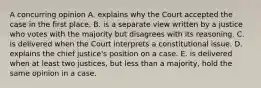 A concurring opinion A. explains why the Court accepted the case in the first place. B. is a separate view written by a justice who votes with the majority but disagrees with its reasoning. C. is delivered when the Court interprets a constitutional issue. D. explains the chief justice's position on a case. E. is delivered when at least two justices, but less than a majority, hold the same opinion in a case.