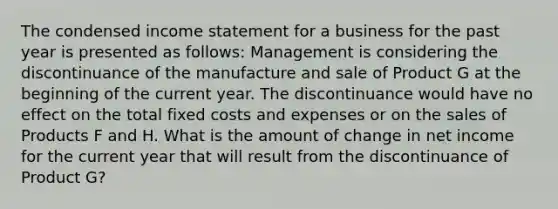 The condensed income statement for a business for the past year is presented as follows: Management is considering the discontinuance of the manufacture and sale of Product G at the beginning of the current year. The discontinuance would have no effect on the total fixed costs and expenses or on the sales of Products F and H. What is the amount of change in net income for the current year that will result from the discontinuance of Product G?