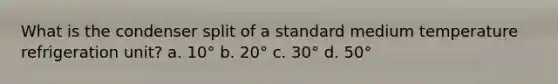 What is the condenser split of a standard medium temperature refrigeration unit? a. 10° b. 20° c. 30° d. 50°