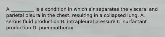 A __________ is a condition in which air separates the visceral and parietal pleura in the chest, resulting in a collapsed lung. A. serous fluid production B. intrapleural pressure C. surfactant production D. pneumothorax