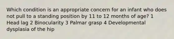 Which condition is an appropriate concern for an infant who does not pull to a standing position by 11 to 12 months of age? 1 Head lag 2 Binocularity 3 Palmar grasp 4 Developmental dysplasia of the hip