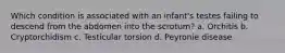 Which condition is associated with an infant's testes failing to descend from the abdomen into the scrotum? a. Orchitis b. Cryptorchidism c. Testicular torsion d. Peyronie disease