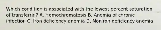 Which condition is associated with the lowest percent saturation of transferrin? A. Hemochromatosis B. Anemia of chronic infection C. Iron deficiency anemia D. Noniron deficiency anemia