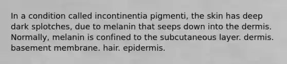 In a condition called incontinentia pigmenti, the skin has deep dark splotches, due to melanin that seeps down into the dermis. Normally, melanin is confined to the subcutaneous layer. dermis. basement membrane. hair. epidermis.