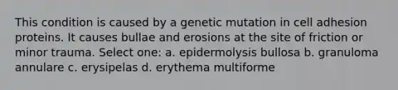 This condition is caused by a genetic mutation in cell adhesion proteins. It causes bullae and erosions at the site of friction or minor trauma. Select one: a. epidermolysis bullosa b. granuloma annulare c. erysipelas d. erythema multiforme