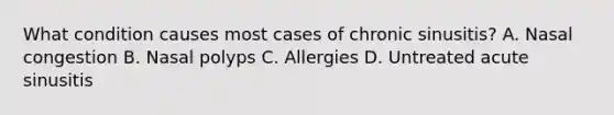 What condition causes most cases of chronic sinusitis? A. Nasal congestion B. Nasal polyps C. Allergies D. Untreated acute sinusitis