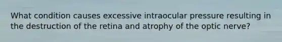 What condition causes excessive intraocular pressure resulting in the destruction of the retina and atrophy of the optic nerve?