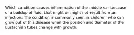 Which condition causes inflammation of the middle ear because of a buildup of fluid, that might or might not result from an infection. The condition is commonly seen in children, who can grow out of this disease when the position and diameter of the Eustachian tubes change with growth.