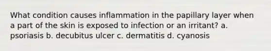 What condition causes inflammation in the papillary layer when a part of the skin is exposed to infection or an irritant? a. psoriasis b. decubitus ulcer c. dermatitis d. cyanosis