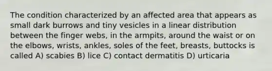 The condition characterized by an affected area that appears as small dark burrows and tiny vesicles in a linear distribution between the finger webs, in the armpits, around the waist or on the elbows, wrists, ankles, soles of the feet, breasts, buttocks is called A) scabies B) lice C) contact dermatitis D) urticaria