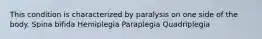 This condition is characterized by paralysis on one side of the body. Spina bifida Hemiplegia Paraplegia Quadriplegia