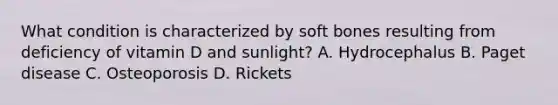 What condition is characterized by soft bones resulting from deficiency of vitamin D and sunlight? A. Hydrocephalus B. Paget disease C. Osteoporosis D. Rickets
