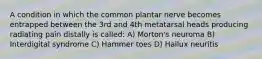 A condition in which the common plantar nerve becomes entrapped between the 3rd and 4th metatarsal heads producing radiating pain distally is called: A) Morton's neuroma B) Interdigital syndrome C) Hammer toes D) Hallux neuritis