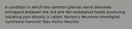 A condition in which the common plantar nerve becomes entrapped between the 3rd and 4th metatarsal heads producing radiating pain distally is called: Morton's Neuroma Interdigital Syndrome Hammer Toes Hallux Neuritis