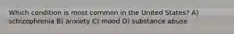 Which condition is most common in the United States? A) schizophrenia B) anxiety C) mood D) substance abuse