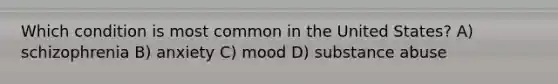 Which condition is most common in the United States? A) schizophrenia B) anxiety C) mood D) substance abuse