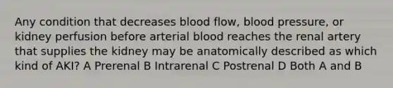 Any condition that decreases blood flow, blood pressure, or kidney perfusion before arterial blood reaches the renal artery that supplies the kidney may be anatomically described as which kind of AKI? A Prerenal B Intrarenal C Postrenal D Both A and B