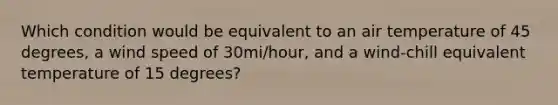 Which condition would be equivalent to an air temperature of 45 degrees, a wind speed of 30mi/hour, and a wind-chill equivalent temperature of 15 degrees?