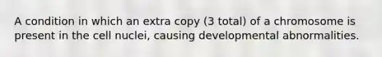 A condition in which an extra copy (3 total) of a chromosome is present in the cell nuclei, causing developmental abnormalities.