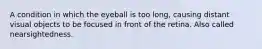 A condition in which the eyeball is too long, causing distant visual objects to be focused in front of the retina. Also called nearsightedness.