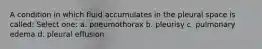 A condition in which fluid accumulates in the pleural space is called: Select one: a. pneumothorax b. pleurisy c. pulmonary edema d. pleural effusion