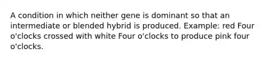 A condition in which neither gene is dominant so that an intermediate or blended hybrid is produced. Example: red Four o'clocks crossed with white Four o'clocks to produce pink four o'clocks.