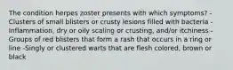 The condition herpes zoster presents with which symptoms? -Clusters of small blisters or crusty lesions filled with bacteria -Inflammation, dry or oily scaling or crusting, and/or itchiness -Groups of red blisters that form a rash that occurs in a ring or line -Singly or clustered warts that are flesh colored, brown or black